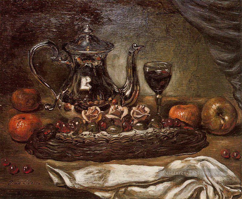 Théière en argent et gâteau sur une assiette Giorgio de Chirico surréalisme métaphysique Peintures à l'huile